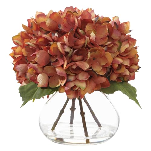 Orange Artificial Hydrangea Flowers with Glass Vase, Faux Floral Arrangements with Fake Water, Lifelike Hydrangeas Table Centerpieces for Dining Room, Coffee Table, Bathroom Decor - color: D-orange