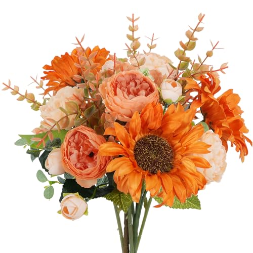 Fall Flowers Artificial Sunflowers Bouquet Silk Flowers Faux Peony Faux Florals Arrangements Fall Decor for Home Table Centerpiece Wedding Autumn Indoor 14inch - color: Fall Sunflower