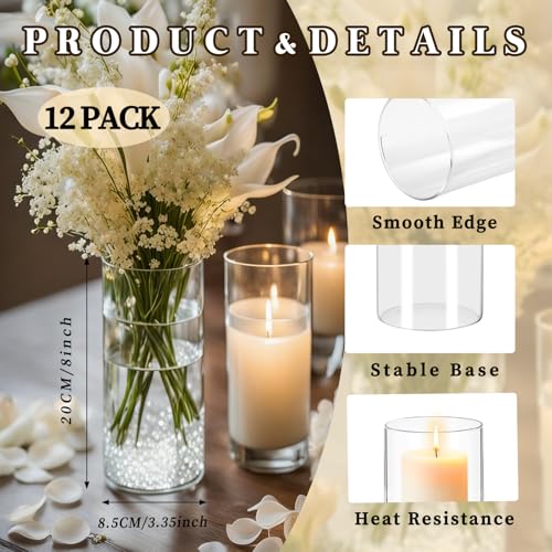 12 Pack Glass Cylinder Vases 8 Inch Tall Clear Flower Bulk Vase for Centerpieces Hurricane Floating Candle Holder for Table Home Home Decor Floral Shelf Party Dining Wedding Holiday Decoration - size: 8 Inch