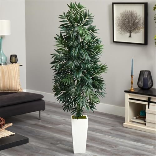 Pemberly Row 60" Artificial Bamboo Palm Plant, Green Foliage, White Planter with Moss, Lifelike Indoor Faux Floral Decor, 5 Ft Tall, Relaxing Accent for Sun Room or Home