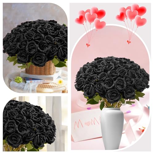 Fanfantoey Black Roses Artificial Flowers Bulk, 52Pcs Fake Roses Flower Arrangement, DIY Silk Flowers Roses Bouquet, Realistic Faux Artificial Roses for Mother's Day Home Table Decor