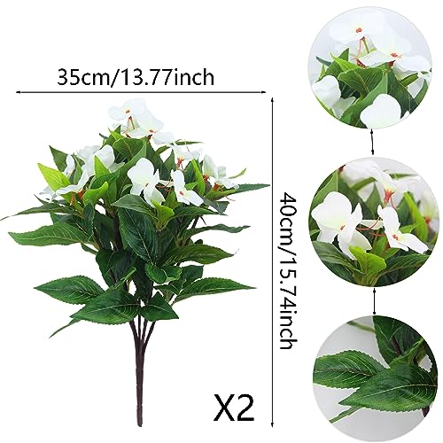 2 Pcs Artificial Impatiens Flowers for Outdoors Faux Impatiens Bushes White Silk Flowers Greenery Artificial Impatiens Bouquet for Patio Lawn Garden Pot Hanging Basket Porch Decoration - color: White