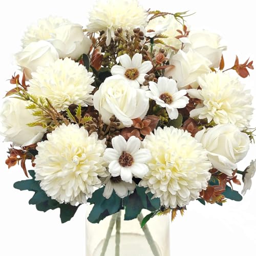 3 Pcs Fall Flowers Artificial Mums Silk Fake Mums Bouquet Faux Floral Arrangements Home Indoor Outdoor Planter Decor Party Wedding Table Autumn Decoration (White) - color: White