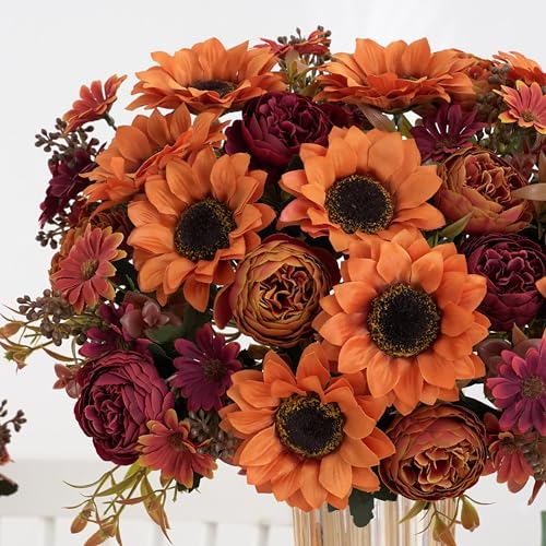3 Bunches Sunflowers Fake Flowers, Fall Silk Artificial Sunflowers Decorations for Home Office, Wedding, Autumn Floral Arrangements, Halloween, Thanksgiving, Harvest Festival Decoration - color: Deep Yellow