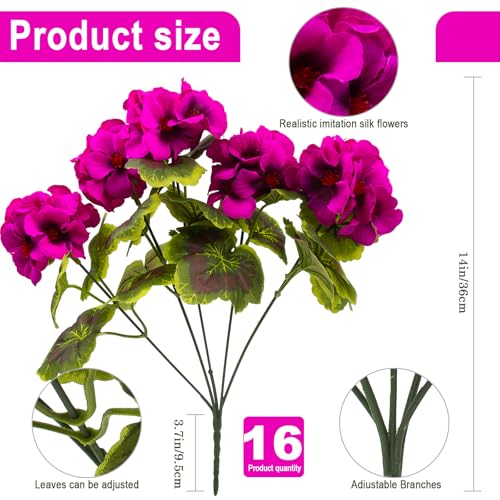 lovemoon 16 Pcs Artificial Geranium Plant Realistic Silk Flowers for Outside UV Resistant Faux Geraniums Flowers for Indoor Outdoor Home Garden Office Decoration (16, Rose Red) - color: Rose Red