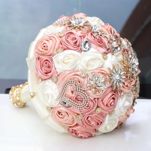 Blush Pink and Ivory Bridal Wedding Bouquet with Gold Brooch Bling Rhinestone Bouquet for Bride Bridesmaid Quinceanera Satin Dusty Rose Flower Bouquet Wedding Blush Pink and Ivory 8.7in - color: Blush, Pink & Ivory (Standard Size: Dia.8.7")