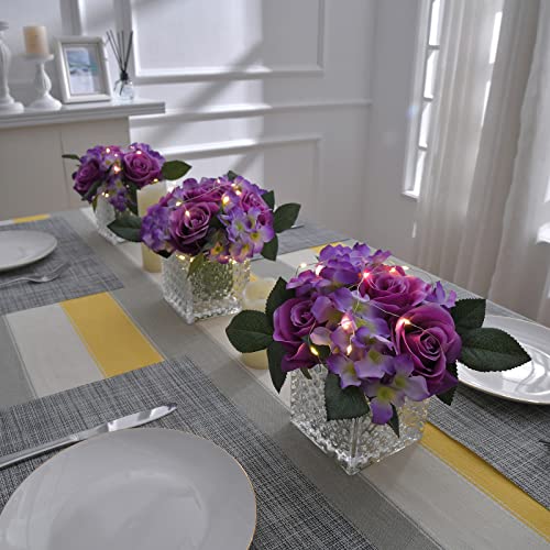 Fule Artificial Silk Rose Flower Centerpiece Arrangement in Glass Vase with LED Light for Home Wedding Decoration (Light Purple) - color: Light Purple