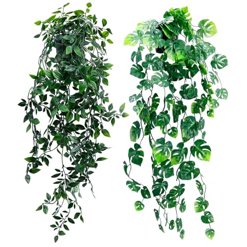 Artificial Hanging Plants for Shelf, Fake Potted Greenery 2-Pack Faux Mandala and Monstera Leaves Vines in Black Pot, Décor for Office Living Room Bathroom Indoor Outdoor - color: 2-pack Mandala and Monstera Vines