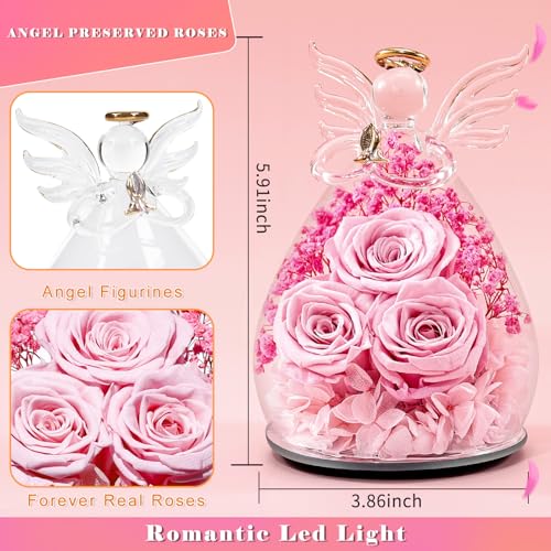 Beferr Gifts for Mom Birthday Gifts for Women, Fresh Flowers for Delivery Forever Preserved Rose in Glass Angel Figurine, Anniversary Christian Real Rose for Grandma Wife Mother from Daughter Son - color: B Light Pink