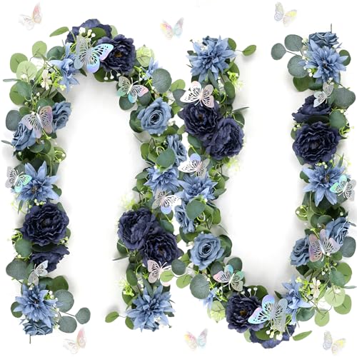 Eucalyptus Garland with Flowers - 2 Pack 5.9 FT Fake Flower Garland with Butterflies Faux Rose Greenery Garlands for Wedding Table Backdrop Arch Centerpieces Decorations - Navy Blue - color: Navy Blue, size: 2 Pack