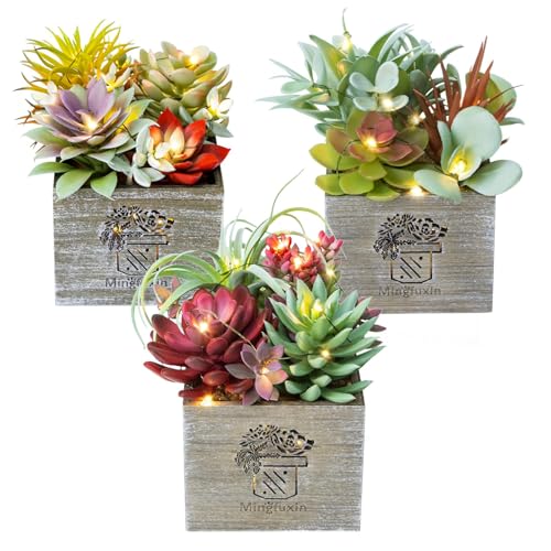 Succulents Plants Artificial with Light, Small Fake Plants in Pots for Home Decor, Potted Decorative Succulents Plants for Table Desk Bathroom Office Room Decor - color: Radiant