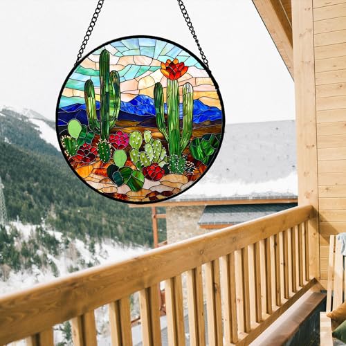 DASTOLL Stained Glass Window Hanging, Green Cactus Suncatcher for Doors Window Home Plant Landscape Sun Catchers Decoration Mother's Day Birthday Gifts for Women, Men, and Mom 9.8 in - color: Green Brown, size: 9.8x9.8 IN