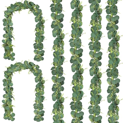 CQURE 6Pcs Eucalyptus Garland,Artificial Eucalyptus Leaves Table Greenery Garland Wreath Vines for Wedding Party Table Bedroom Wall Decor - size: 35.4 Ft without Flowers