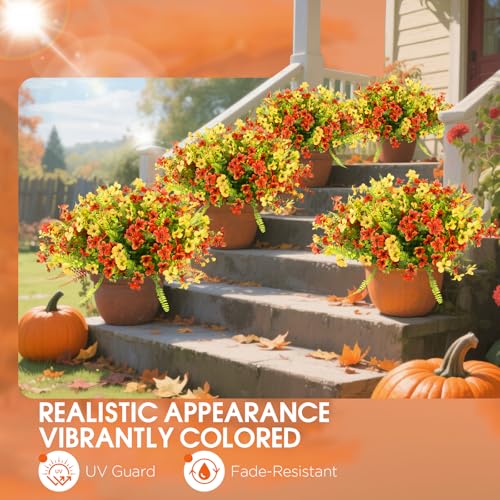 Artificial Fall Flowers for Outdoors UV Resistant,36pcs Faux Mums Flowers Realistic Fake Fall Flowers for Outside Planter Orange＆Yellow Artificial Autum Plants for Porch Window Hanging Wedding - color: Orange ＆yellow(green Leaves), size: 36 pcs