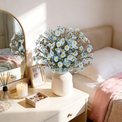 UV Resistant Blue Daisy Artificial Flowers Lush 4 Bouquets Silk Fake Daisies, 14" UV Protected Faux Daisy Flowers for Indoor & Outdoor Vase, Planter, Floral Arrangements, Centerpieces, Wedding Decor - color: Blue