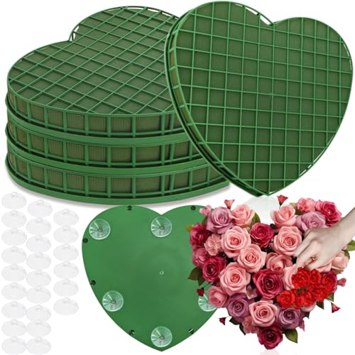 Goaste 4 Pack Heart-Shaped Floral Foams, Large Green Florist Foam with Suction Cup Tray, Wet Flower Mud Blocks, Green Florist Sponge Bricks for Wedding Car Decoration, DIY Flower Arrangement