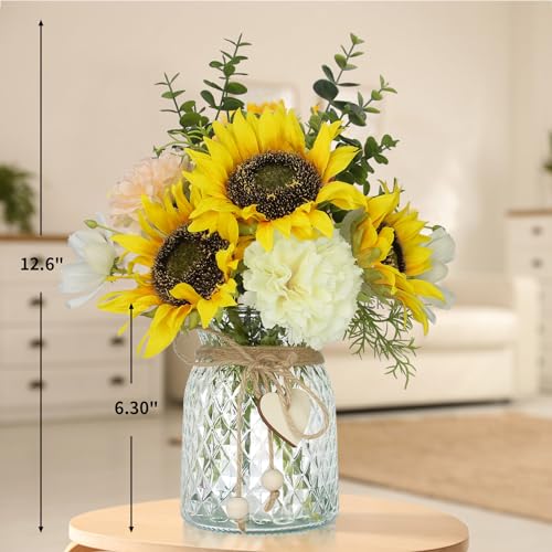 Artificial Sunflower Bouquets - Silk Fake Flowers with Vase, Centerpieces for Dining Room and Coffee Table Decor - color: Pink-yellow