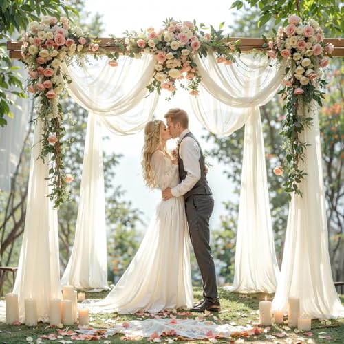 Wedding Arch Draping Fabric, 2 Panels 18FT Beige Sheer Backdrop Curtain Chiffon Fabric Drapery Voile Scarf Draping Panels for Wedding Archway Ceremony Curtain Valance Party Decoration - color: Beige Drapes Curtain, size: (2 Panels )6 Yards/36ft