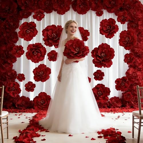 Set of 3 - Giant Red Velvet Rose Large Handcrafted Artificial Flower Props for Wedding, Home, Party, Event, Backdrop Decoration for Anniversary Birthday Valentine's Day (Red - Rose Heads Only)