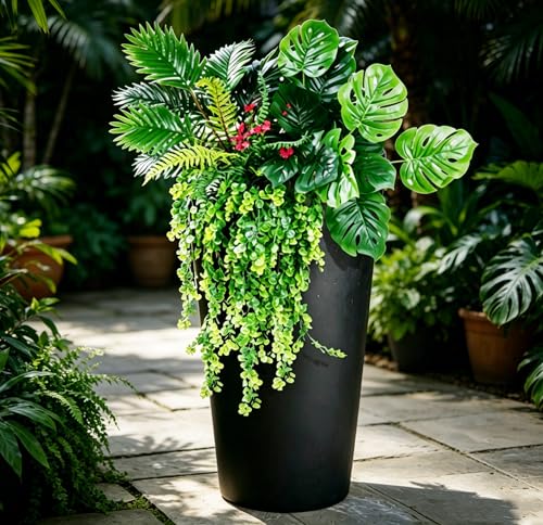 Artificial Plants Outdoor UV Resistant, 8 Bundles Faux Tropical Plant with Large Leaves & Hanging Ferns, Fake Greenery for Planter Fillers, Front Porch, Patio, Garden & Window Box Decor - color: Green 2603