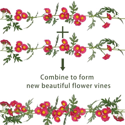 2 Pcs Silk Wildflower Garland Spring Daisies Flowers Garland Outdoor Rose Red Artificial Daisy Flowers and Leaves Faux Floral Vine for Mantle Baby Shower Wedding Arch Front Porch Staircase Decor - color: Rose Red