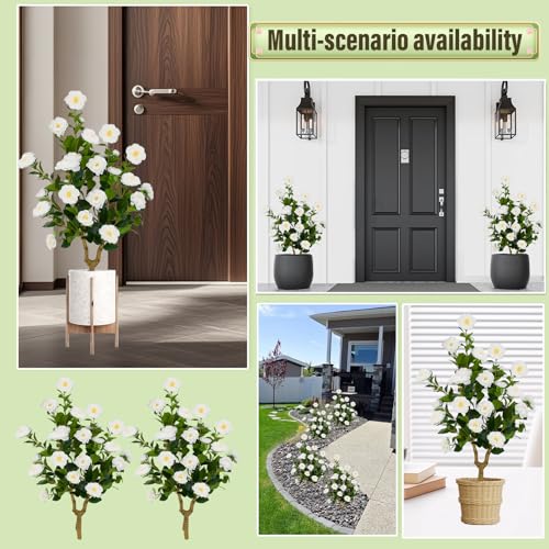 35.5" Artificial Camellia Tree Set of 2, White Faux Flower Tree, UV Resistant Fake Greenery with Ground Spike for Indoor Outdoor Front Door Home Garden Decor - color: Camellia