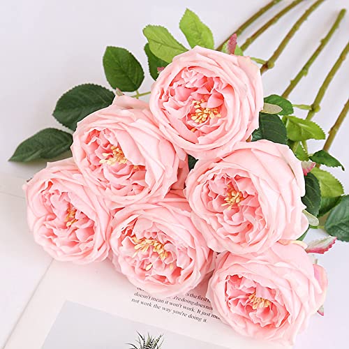 UKELER Pink Austin Roses Wedding Bouquet 4 Pcs Real Touch Latex Artificial Flowers for Home Decor Flower Arrangement Wedding Centerpieces - color: Pink