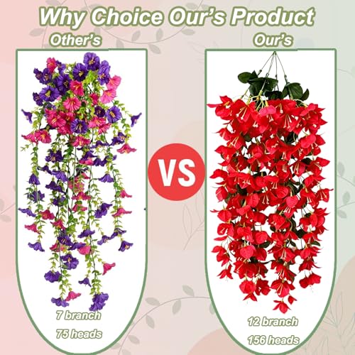 4 Pack Artificial Bougainvillea Hanging Flowers UV Resistant Long Trailing Silk Vines, Realistic Fake Plants for Outdoor Porch, Patio, Balcony, Yard & Planter Decor（Red） - color: 4pack