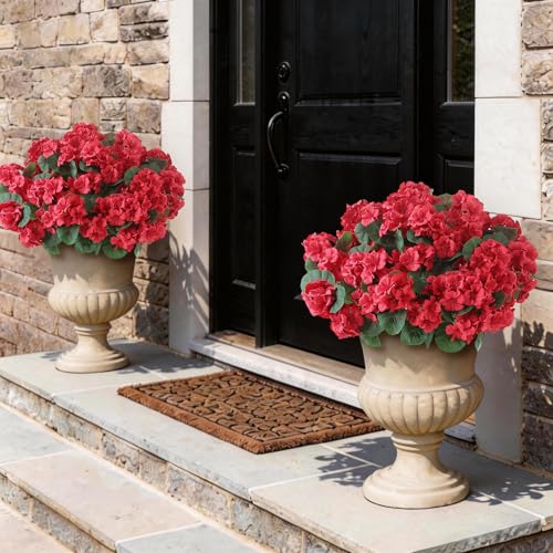 GLIDLION 12 Bundles Artificial Geranium Flowers for Spring Summer Decor, UV-Resistant Fake Plants Realistic Faux Silk Bouquets for Front Door Farmhouse Garden Porch Home Outdoor Decor (Red) - color: Red