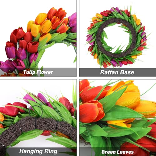 U'Artlines 24 Inch Tulip Wreath for Front Door, Spring Summer Silk Wreath with Green Leaves Artificial Tulip Flower Wreaths for All Seasons Window Wall Wedding Valentines Day Decor - color: Red Yellow Purple, size: 24 Inch