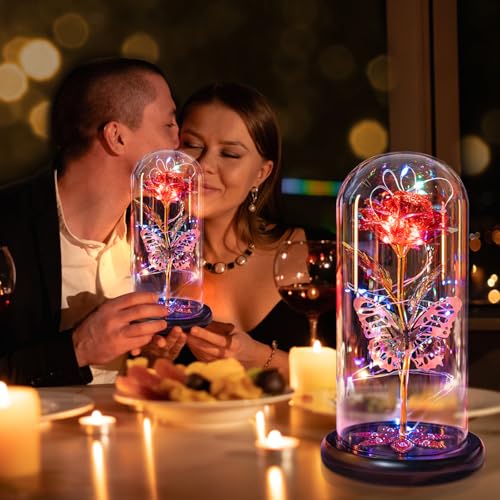 Mothers Day Flowers Gifts for Mom Women Birthday Gift, Galaxy Glass Rose Forever Eternal Crystal Flowers Rose in Glass Dome with Butterfly Mother's Day Roses Gifts for Mom Daughter Wife Grandma Red - color: E Red