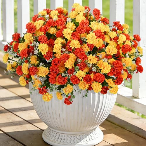 Ammyoo Artificial Flowers for Outdoors Decoration, 6 Bundles Silk Marigold Flower UV Resistant Look Real Faux Plants for Garden Porch Planter Patio Balcony Yard Home Decor (Yellow Orange) - color: Yellow Orange