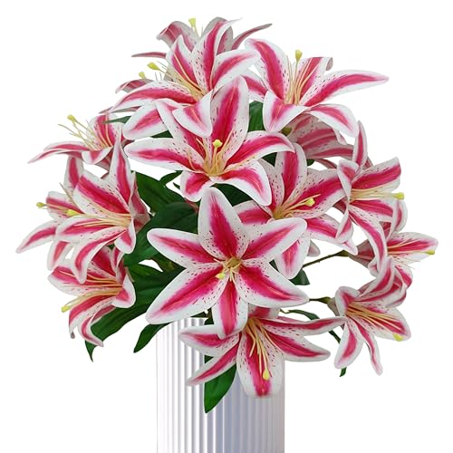 Artificial Pink Lilies Flowers,10Pcs Faux Lily Flower,20''Tiger Lily Branch with 2 Full Blooms, Faux Fake Lilies Plants for Wedding Bouquet Home Party Indoor Floral Arrangements (10, Pink) - color: Pink