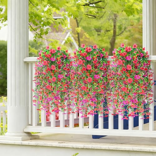 6 Pcs Spring Artificial Hanging Flowers Outdoor Faux Silk Mum Plant Decor Violet with Eucalyptus Realistic UV Resistant Trailing Vine Spring Porch Yard(Lovely Color,Violet) - color: Lovely Color, style: Violet