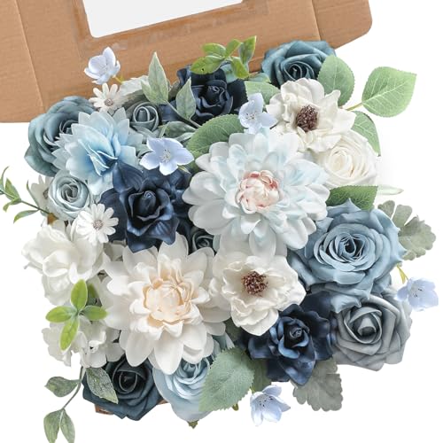 rongflower Blue Artificial Flowers Combo Box Set Silk Flowers Fake Rose for DIY Floral Arrangements Wedding Bouquets Centerpieces Baby Shower Party Home Decorations - color: Blue