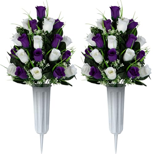 Artificial Cemetery Flowers - Set of 2 Grave Memorial Rose Flowers with Vase for Cemetery Headstones Gravesites Decoration (Purple & White) - color: Purple & White