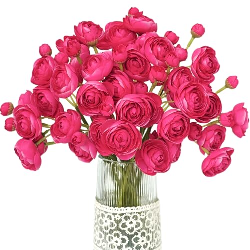 Letjolt Artificial Ranunculus Flower ROSEO Pink, 18pcs | Silk Flowers, Wedding Engagement Centerpieces, Bridal Shower Decorations, Home Decor, Faux DIY Bouquet - color: Rose Red
