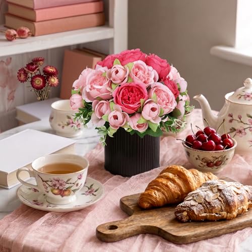Pre-Made Flower Table Centerpieces, Set of 6 Artificial Silk Peonies with Black Vases for Wedding Reception, Modern Floral Decor for Birthday Party, Anniversary Ceremony - Hot & Pastel Pink - color: Hot Pink & Pastel Pink