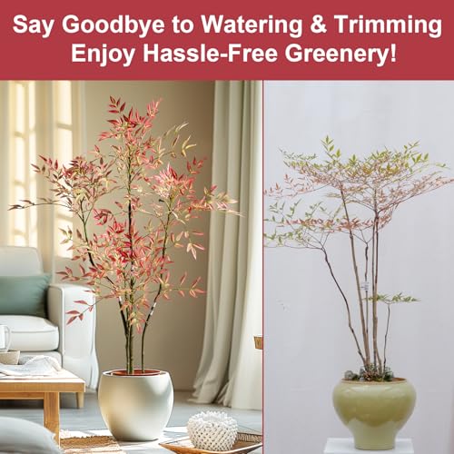 4.6ft Faux Bamboo Tree Artificial Nandina Tree Artificial Indoor Plants Realistic Fake Potted Tree with 800+ Leaves, Cement Planter - Home Office Decor Perfect for Housewarming Gift No Planter - color: Red, size: 4ft 7in