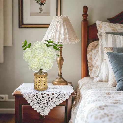 Hollyone White Hydrangea Artificial Flowers in Woven Glass Vase with Faux Water Silk Hydrangeas Fake Flowers Floral Arrangement for Home Indoor Bathroom Kitchen Office Table Centerpiece Shelf Decor - color: White-woven Vase