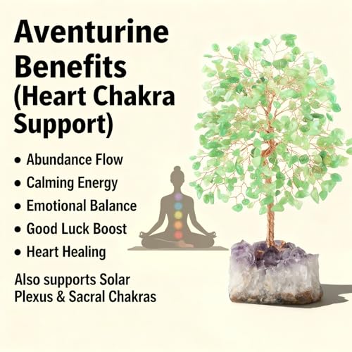 Crystal Tree of Life,Natural Green Aventurine (406 Beads Count) Amethyst Cluster Base, Positive Energy Feng Shui Gem Bonsai Money Tree Good Luck,Gift Size 8.5-9 Inches - color: Aventurine With Amethyst Cluster Base