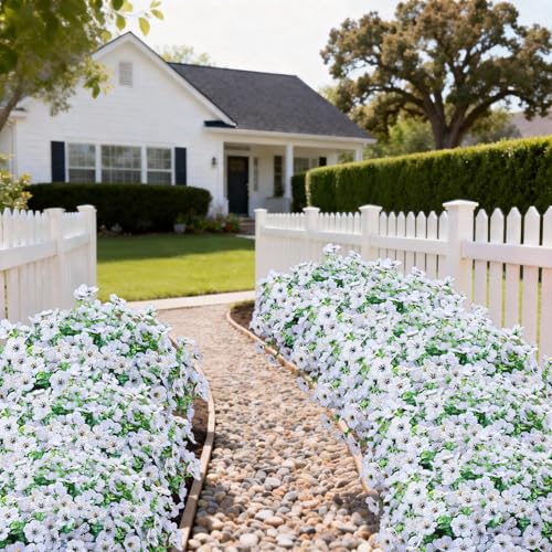 Artificial Outdoor Flowers 16 Bundles UV Resistant Fake Mums Flowers Plants for Decoration Indoor Outdoor Window Box Hanging Planter Home Porch Decor Plastic Faux Flowers (White) - color: White