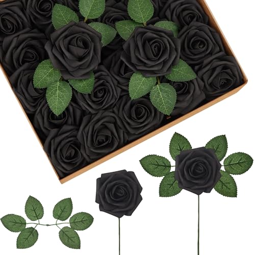 InnoGear Artificial Flowers, 50 Pcs Black Foam Fake Roses Bulk with Stems for Decoration DIY Wedding Bouquets Centerpieces Bridal Shower Party Valentines Christmas Tree - color: Black
