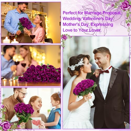 36 Pcs Dark Purple Velvet Artificial Flowers, Realistic Fake Roses Bulk for Wedding Arch, Bouquet Making, Centerpieces - color: Purple