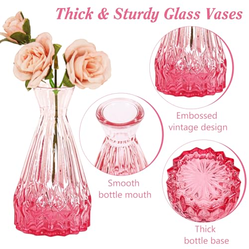 Set of 40 Glass Bud Vases, Small Pink Glass Vases in Bulk, Mini Vintage Embossed Flower Vase for Wedding, Centerpieces, Birthday Party, Baby Shower, Home Table Decorations (Pink) - color: Pink