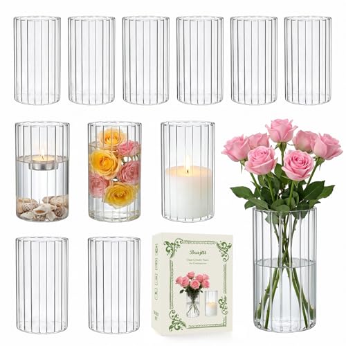 12 pcs Ribbed Glass Cylinder Vases for Centerpieces,6 inch Clear Glass Candle Cylinders, Flower Vase & Floating Candle Holder, Wedding Decorations, Dining Table & Home Décor Gift - size: Ribbed-12PCS