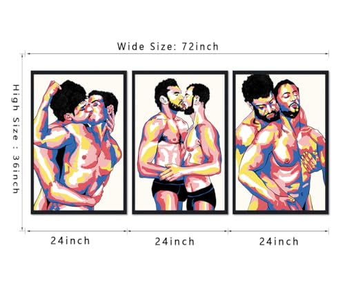 Large Triptych Gay Male Canvas Wall Art Colorful Couple Kiss Hug Posters Man Lover Abstract Love Prints Artwork Wall Decor for Apartment Bathroom Hotel Bar Framed Ready to Hand 24x36inchx3pcs - color: Art08, size: 24x36x3Pcs Black Framed