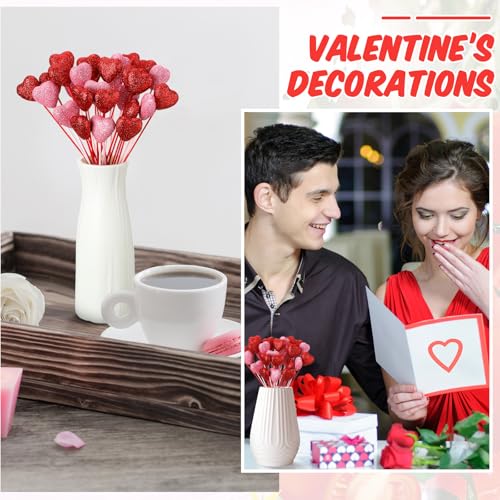 6 Pcs Valentine's Day Glitter Foam Hearts Sticks Foam Heart Picks Sparkly Hearts Stems Puffy Heart Wooden Picks for Valentine Wedding Decorations Flower Arrangements Crafts (Red,Pink) - color: Red,Pink, size: 6 Pcs