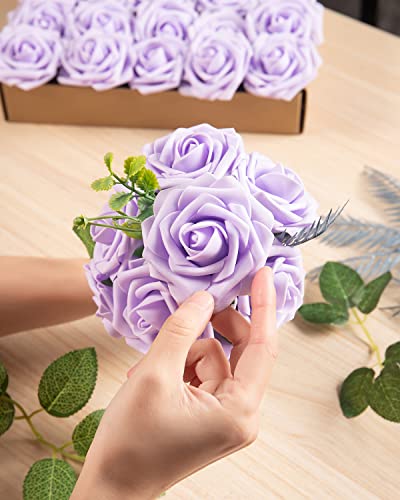 DuHouse 25Pcs Artificial Roses Flowers Fake Rose with Stems Real Touch Foam Flower Head for DIY Wedding Bridal Bouquet Baby Shower Centerpiece Floral Arrangement Party Home Decor(Lilac) - color: Lilac, size: 25pcs