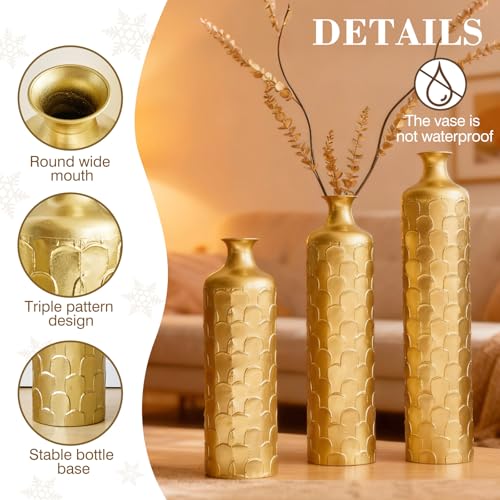 Tall Floor Vases Set of 3 for Decor Living Room Floor, Gold Vases Home Decor, Embossed Body Pattern,34.25" H/29.33" H/25.2" H Geometric Cylinder (Gold 9) - color: Gold 9